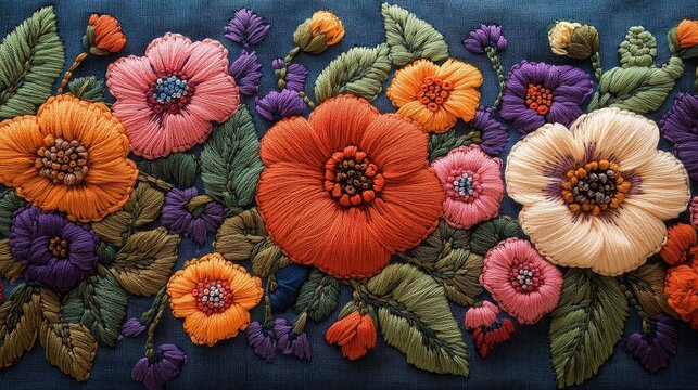 Vibrant Multicolored Floral Embroidery Texture On Deep Blue Fabric Background