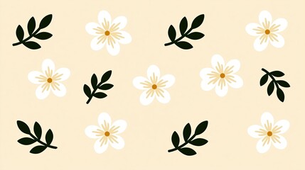 Fototapeta premium Minimalist floral pattern wallpaper featuring white flowers and dark green foliage sprigs on soft cream background design elements