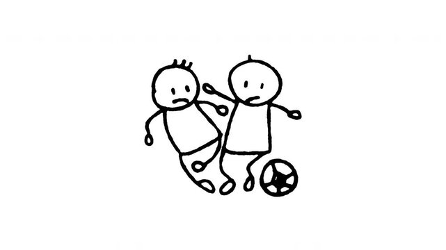 4K hand drawn football players dribbling duel pop-up icon featuring boiling line animation. Frame by frame line art on black and green screen backgrounds for soccer match, action, competition.