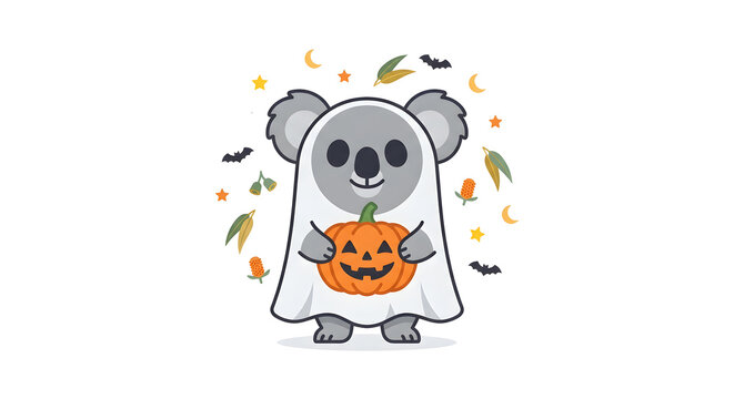 Minimalist flat vector illustration of a koala dressed as a ghost holding a carved pumpkin, clean white background, modern Halloween aesthetic, simple colorful shapes, festive Australian theme