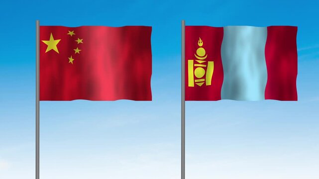 Flag of Mongolia and China, Pole flag of Mongolia and China on clear sky background. Mongolia and China flag waving. 
