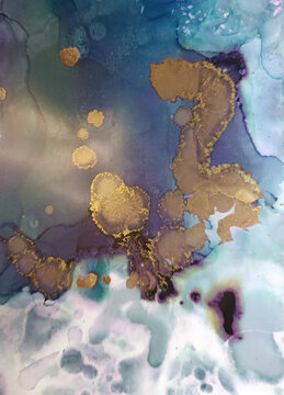 Abstract fluid art pattern in green blue tones with golden spots