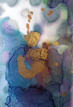 Abstract fluid art pattern in violet tones with emerald stains and golden spots