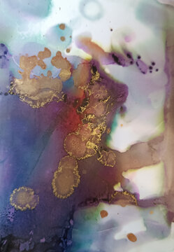 Abstract fluid art pattern in violet tones with red and bronze stains and golden spots
