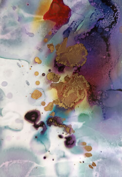 Abstract fluid art pattern in violet tones with orange red and golden spots