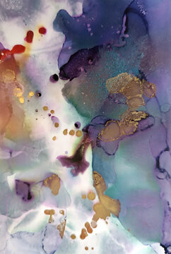 Abstract fluid art pattern in violet tones with red and golden spots
