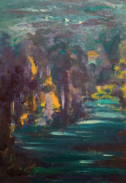 Autumn evening watercolor forest nearby the dark green blue river
