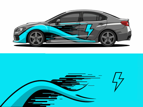 Sporty sedan car side decal wrap design with lightning bolt