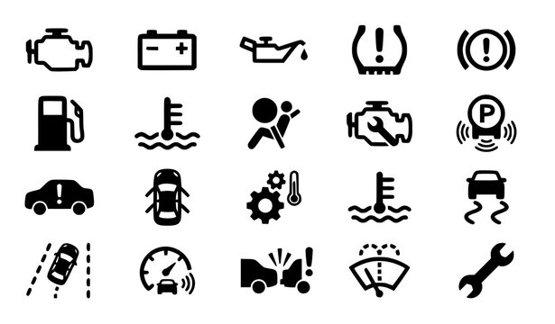 Black Car Dashboard Warning Icon Vector Set Automotive Control Symbols Collection