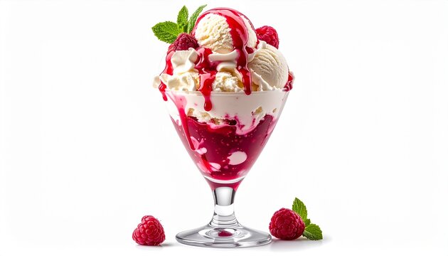 Vanille-Eisbecher mit hei&szlig;en Himbeeren