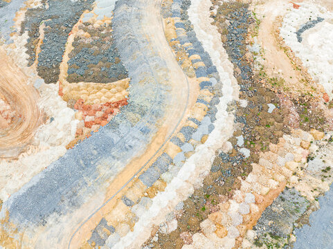 Aerial view of Three Springs Talc mine showing textured earth, gravel paths, and mineral deposits in Womarden, Western Australia, Australia.