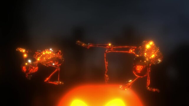Bright glowing skeletons execute acrobatic breakdance poses over an orange glowing jack-o'-lantern backdrop in a Halloween 3D motion render