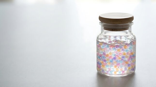 Glass jar filled with colorful water beads and clear liquid with wooden lid