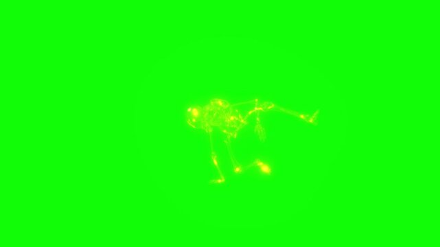 Neon glowing skeleton dancing breakdance on a green screen background for Halloween visual effects compositing
