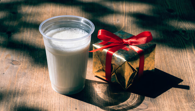 A glass of milk and a box of milk