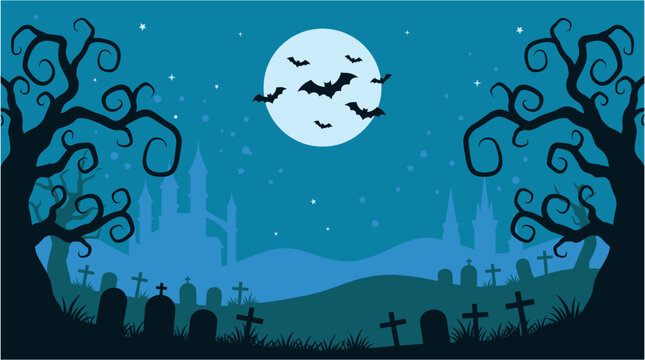 A spooky halloween background vector illustration featuring a full moon bats flying over a dark graveyard with twisted scary trees