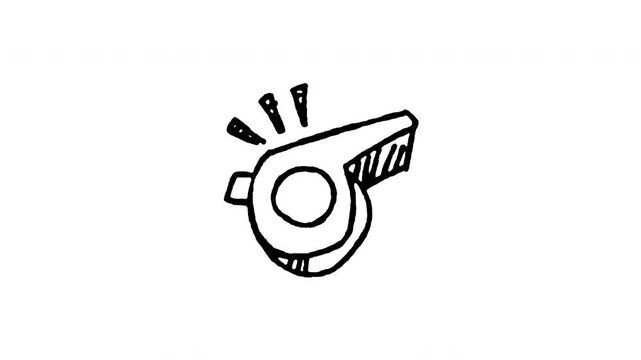 4K hand drawn referee whistle pop-up icon featuring boiling line animation. Frame by frame line art on black and green screen backgrounds for match start, foul sound, sports equipment.