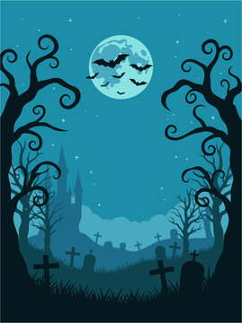 Spooky halloween background vector illustration featuring a full moon bats flying over a dark graveyard with silhouettes of twisted trees