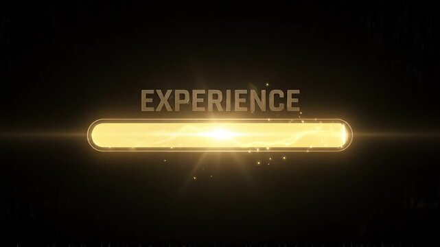 Game experience progress bar animation with level up notification on black background.