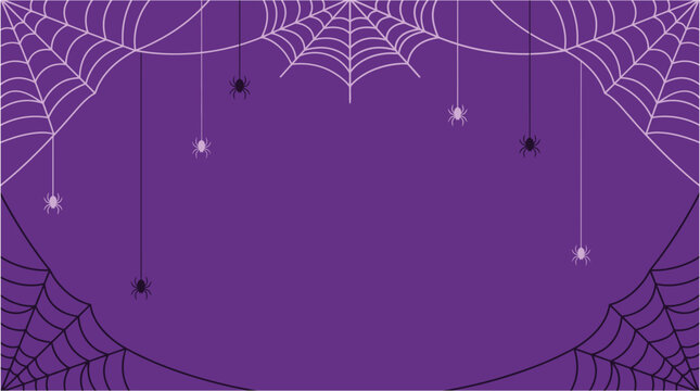 A festive halloween background vector illustration featuring intricate spider webs and hanging spiders on a deep purple backdrop for seasonal designs