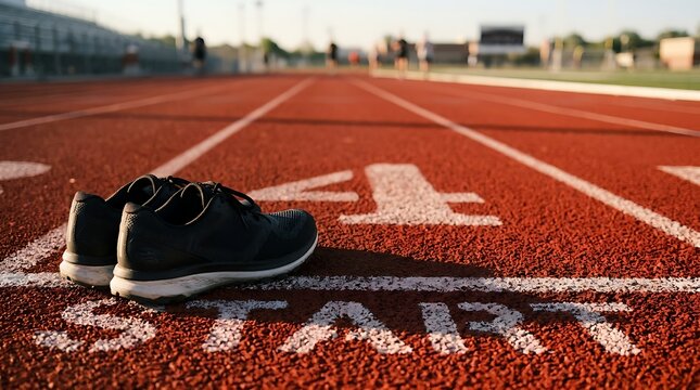 Running shoes on a track at the start line ready for competition