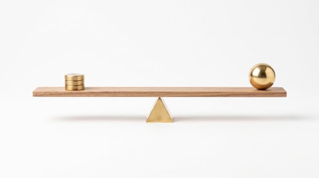 Wooden lever balanced with sphere and weights, torque and moment arm physics concept