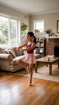 Young girl practicing ballet dance moves in her living room at home