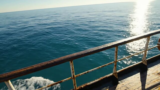 View from ship deck railing over blue ocean water