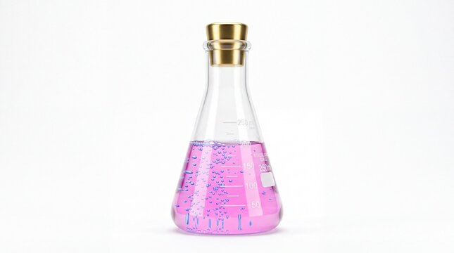 Erlenmeyer flask filled with vibrant purple liquid and many rising bubbles isolated on white background