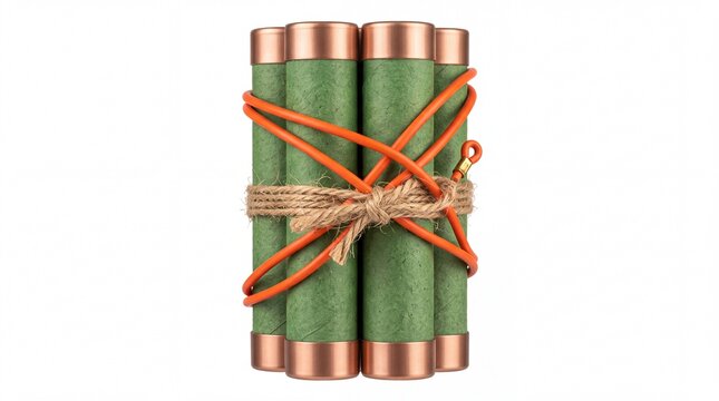 Dynamite sticks wrapped with bright orange wire and rustic twine secured tightly on white background