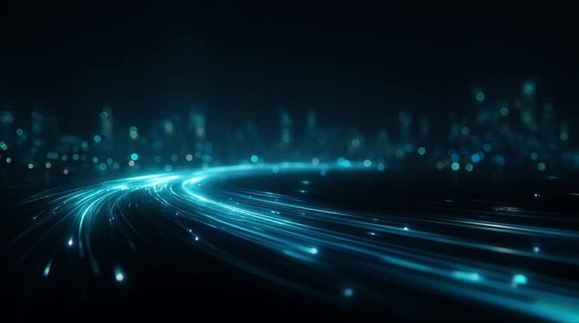 Cyan glowing optical fiber lines and high-speed digital data flow surging across a cyber night city (AI Generated)