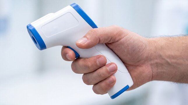 Handheld infrared digital thermometer held by doctor during health screening examination displayed on white background