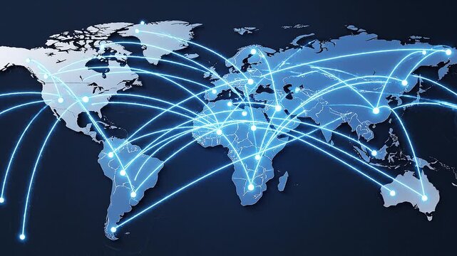A blue digital world map with glowing network connection lines linking global hubs.