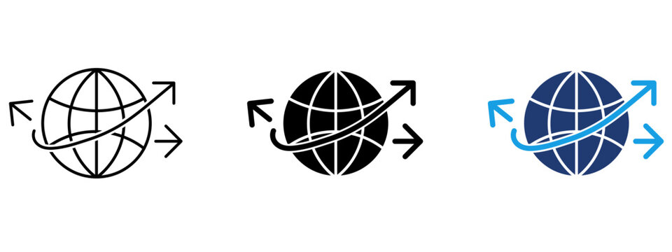 Global trade icon with globe grid and directional arrows. Symbol of international business, logistics, worldwide connection, import export, global market, distribution, and expansion.
