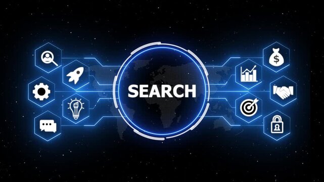 "SEARCH" Futuristic neon hexagon network connection abstract background with central glowing circle and digital data flow lines on digital map and partical technology concept