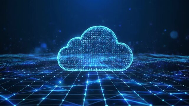 A glowing blue digital cloud icon made of binary data code floats over a futuristic grid.