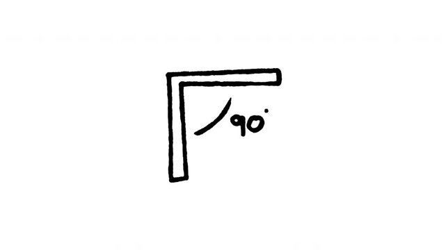 4K hand drawn 90 degrees angle pop-up icon featuring boiling line animation. Frame by frame line art on black and green screen backgrounds for geometry, measurement, right angle.