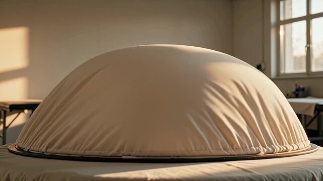 Soft fabric dome gradually rises in a well-lit room, showcasing smooth contours and gentle shadows, with tables and windows visible in the background