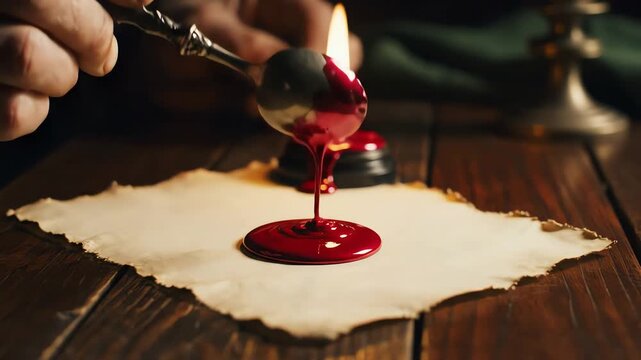 Hand sealing old parchment letter with hot red wax