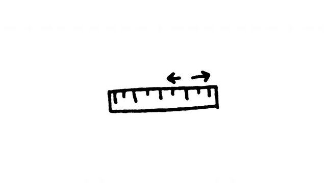 4K hand drawn ruler distance pop-up icon featuring boiling line animation. Frame by frame line art on black and green screen backgrounds for length measurement, school centimeter ruler.