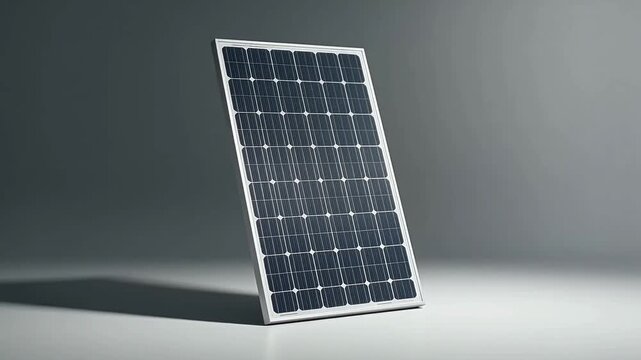 Solar panel with dark photovoltaic cells positioned at an angle, showcasing its sleek design and reflective surface against a soft gradient background