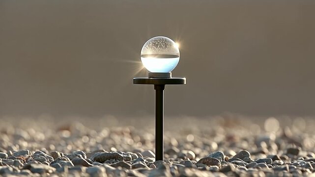Glass sphere on a black stand reflecting sunlight and surrounding pebbles, showcasing a gradual change in focus and light intensity in a natural outdoor setting