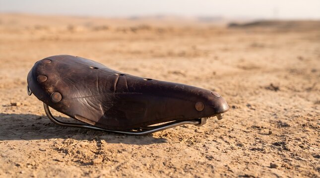 Vintage dark brown leather bicycle saddle on dry sandy ground