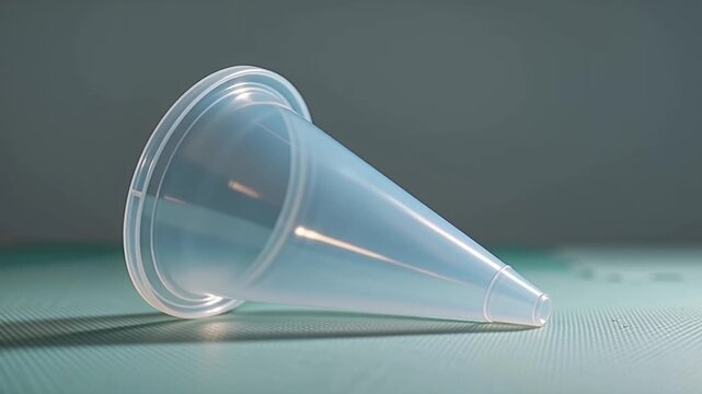 Transparent plastic funnel positioned on a textured surface, showcasing gradual changes in light reflection and angle across three sequential frames in a well-lit setting