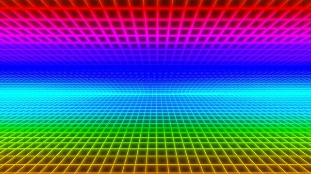 Symmetrical low angle neon grid panorama with rainbow bands, luminous square tiles, converging perspective, glowing horizon, retro futuristic abstract space, with neon, grid, rainbow, gradient detail