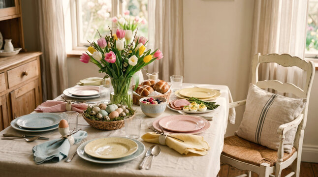 Sunlit dining table set for a spring brunch with pastel plat