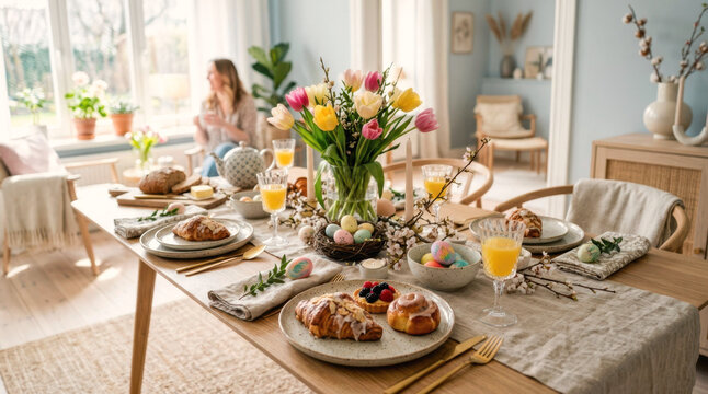 Festive breakfast table set with pastries, bread, orange jui