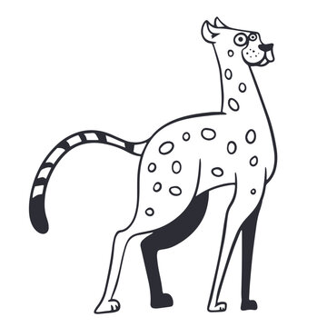 Cute cartoon cheetah vector illustration, funny spotted wild cat character line art for children coloring page, safari theme or nursery poster.