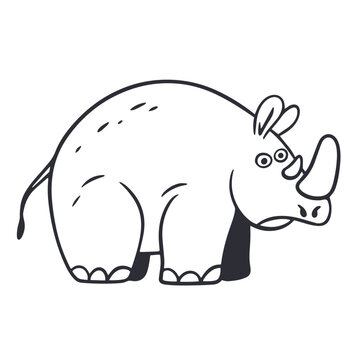 Cute cartoon rhinoceros vector illustration, funny rhino character line art for kids coloring page, safari animal collection or nursery print.