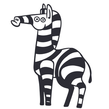 Funny cartoon zebra vector illustration, cute striped horse character line art for kids coloring book, safari nursery print or educational card.